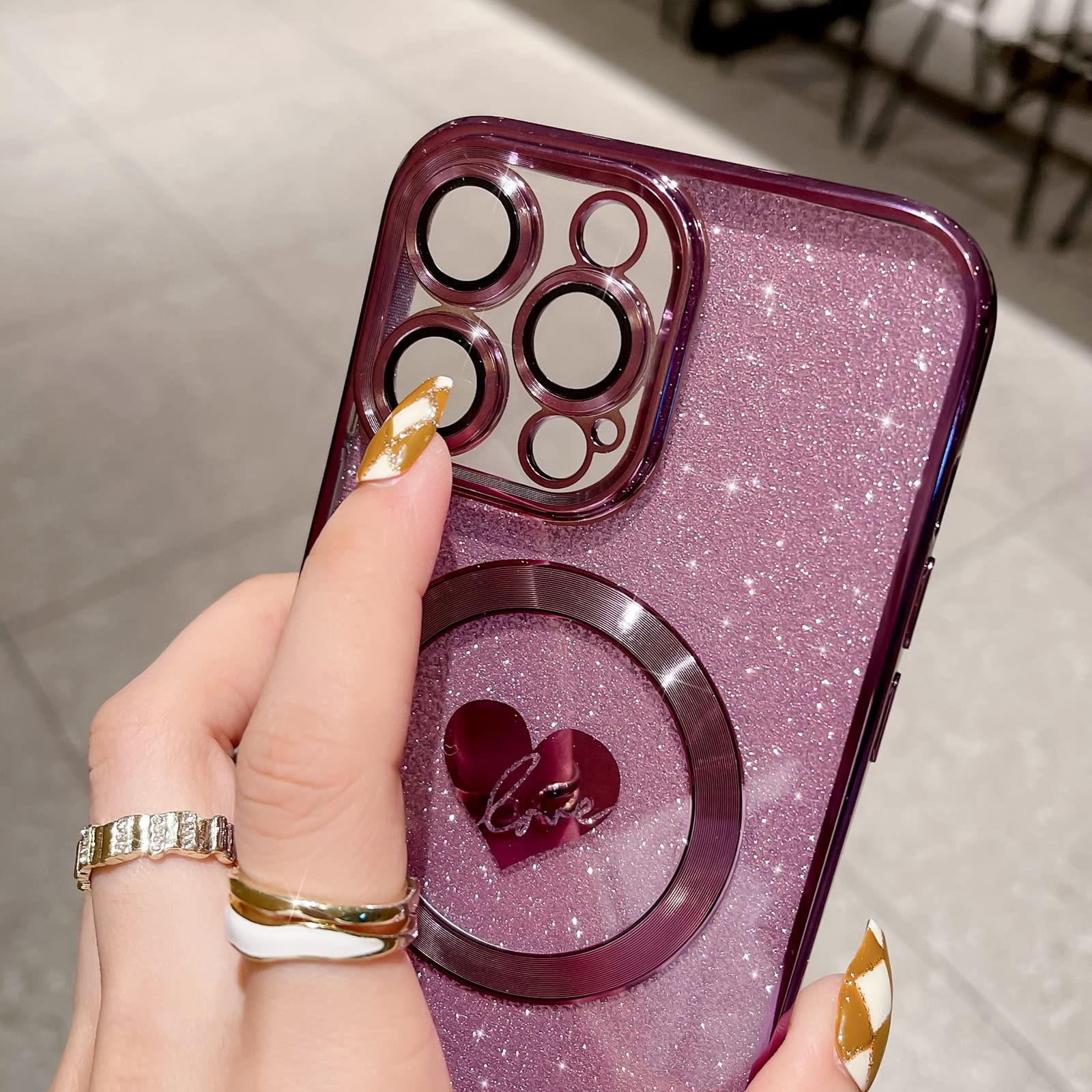 ❣️iPhone15マグネットケース 豪華メッキ ハート型ケース ブルー iphone15 pro magsafe 対応 カバー 耐衝撃 ハート柄 ケース